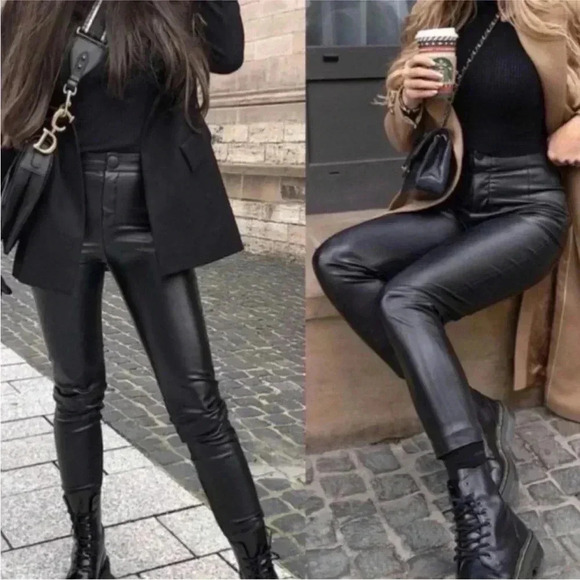 NEW Zara Black Faux Leather Pants Blogger Favorite Ankle Zip Sz L - Picture 1 of 10